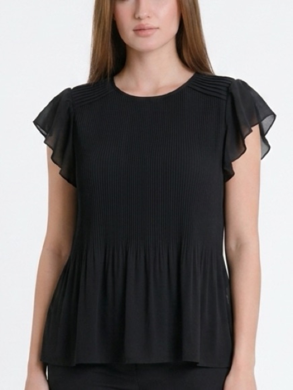 Adrianna Papell Women’s Sz Small Black Flutter Sleeve Pleated Top Blouse